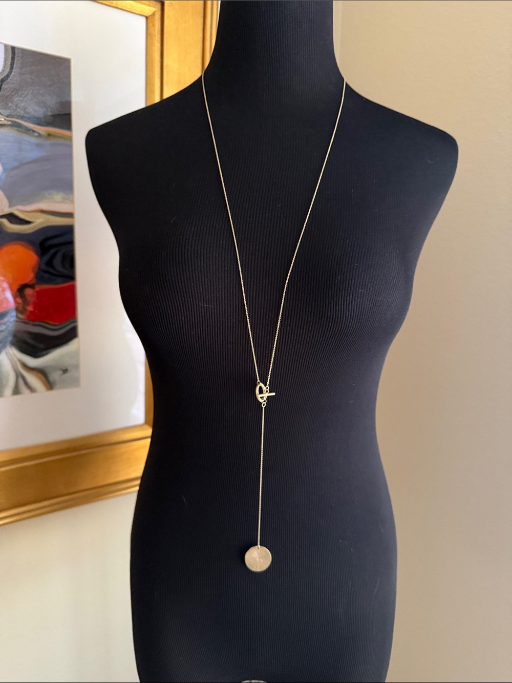 June Marie Gold Tone Lariat Necklace with Round Pendant